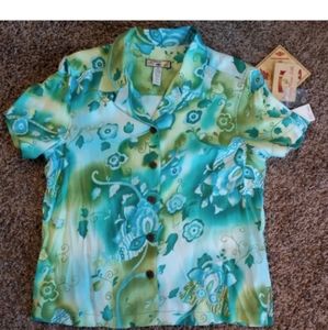 Caribbean Joe Womens short Sleeve Floral Button Up Top Size PM Silk/Rayo…